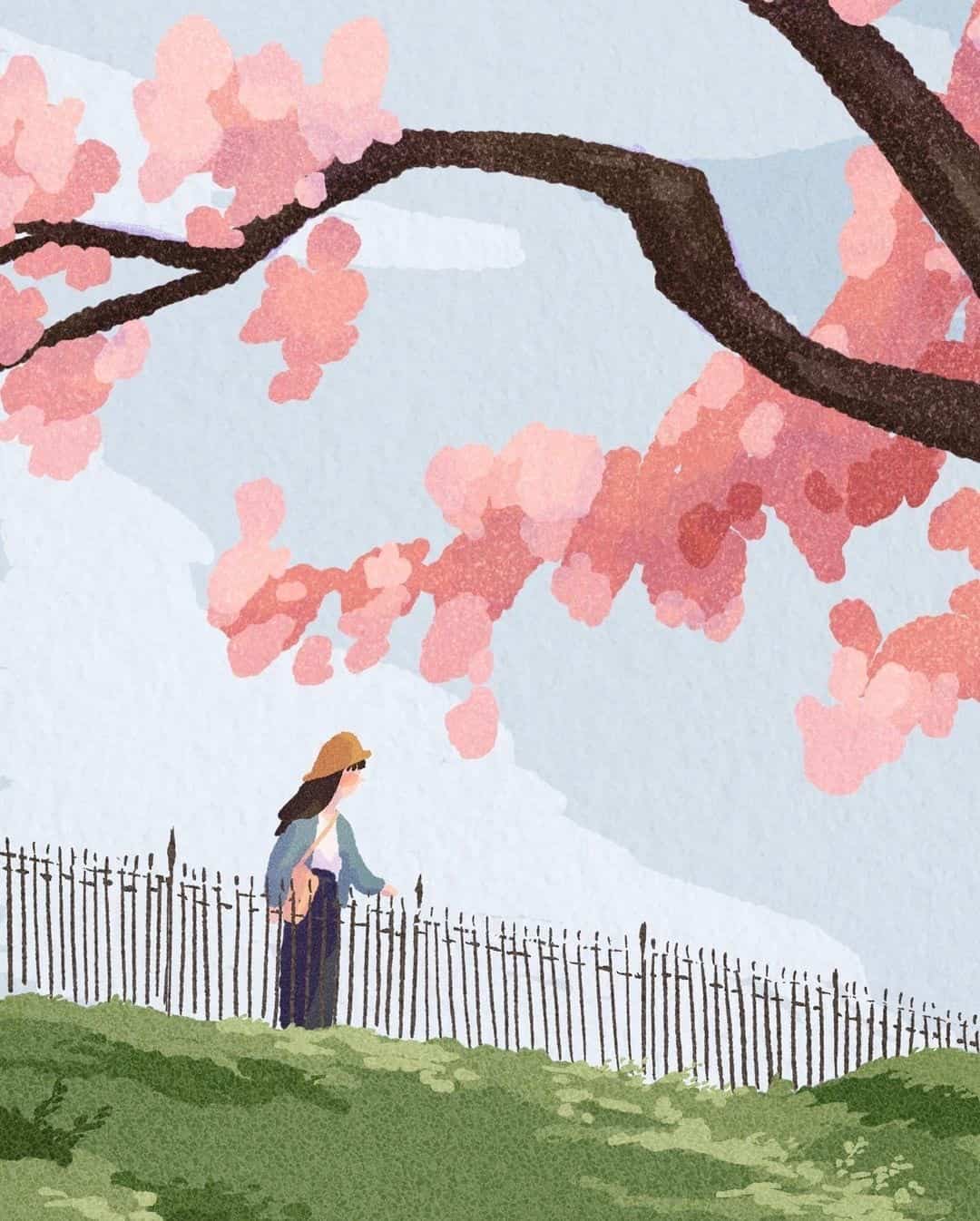 插画版春天景色绿树鲜花配图_1