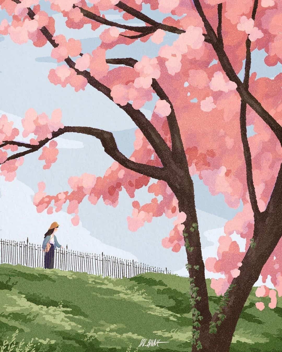 插画版春天景色绿树鲜花配图_2