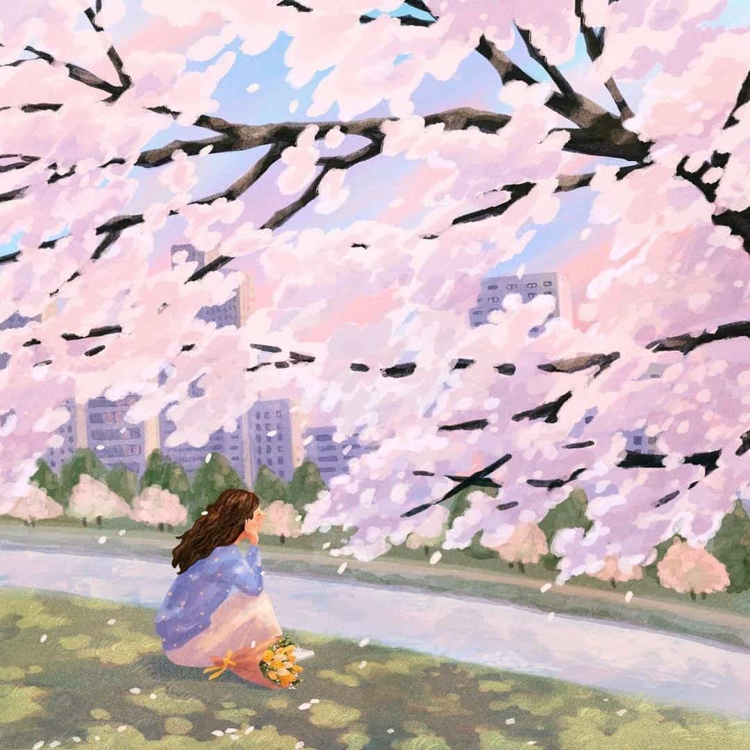插画版春天景色绿树鲜花配图_3