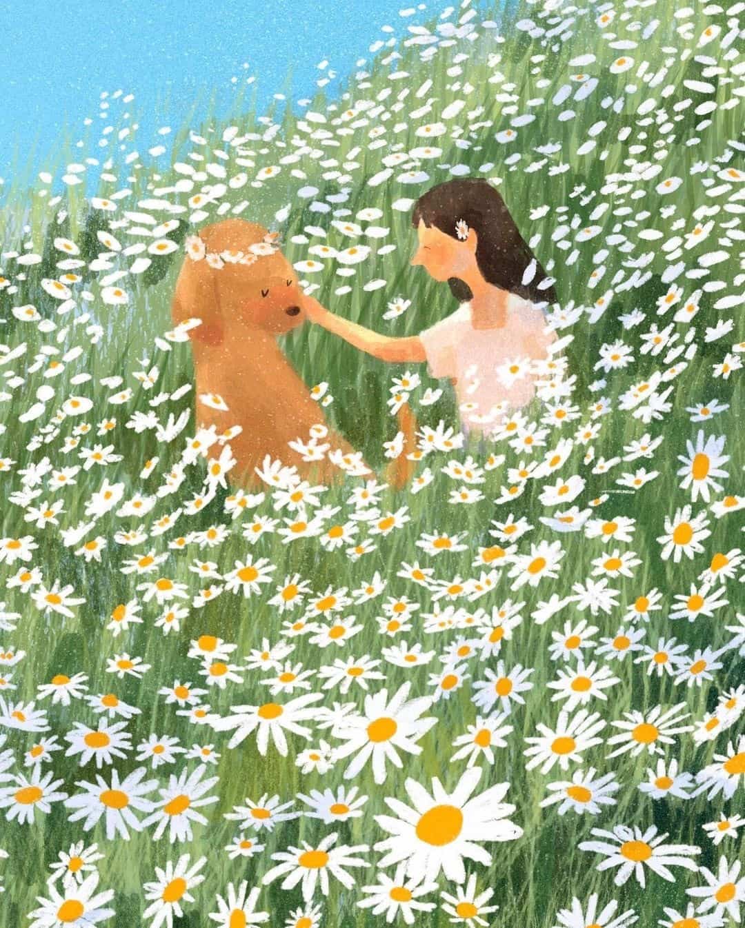 插画版春天景色绿树鲜花配图_6