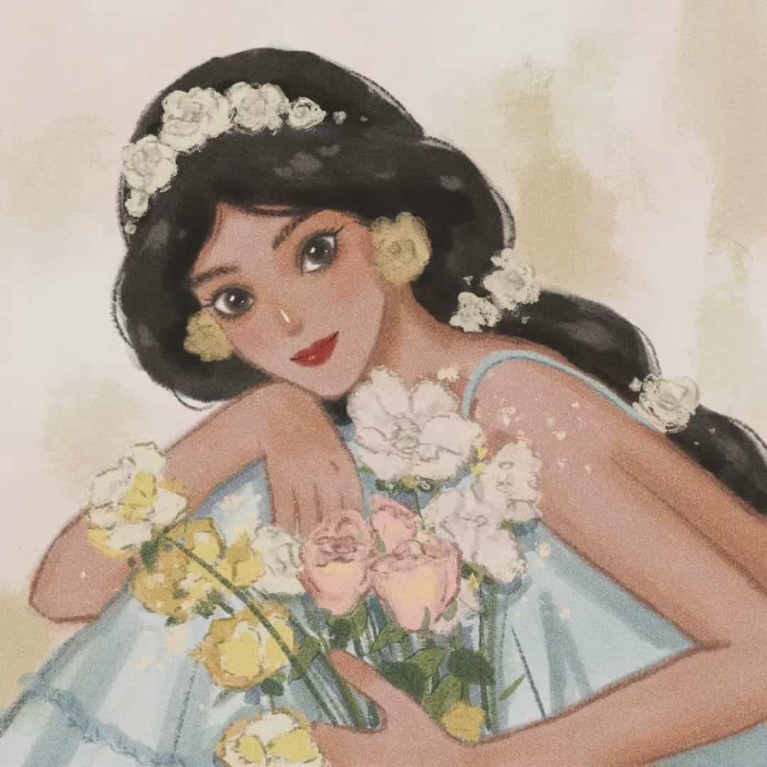 手绘版迪士尼公主配鲜花头像 适合女生的春天头像_6