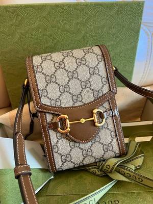 Gucci马衔扣1955系列系列米色/乌木色帆布迷你手袋手机包 正品实拍真假包鉴别