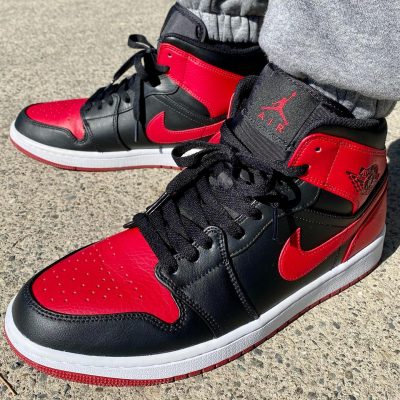 Nike AIR JORDAN1 MID  BRED Banned黑红配色小禁穿中帮正品上脚效果图片 高清实拍