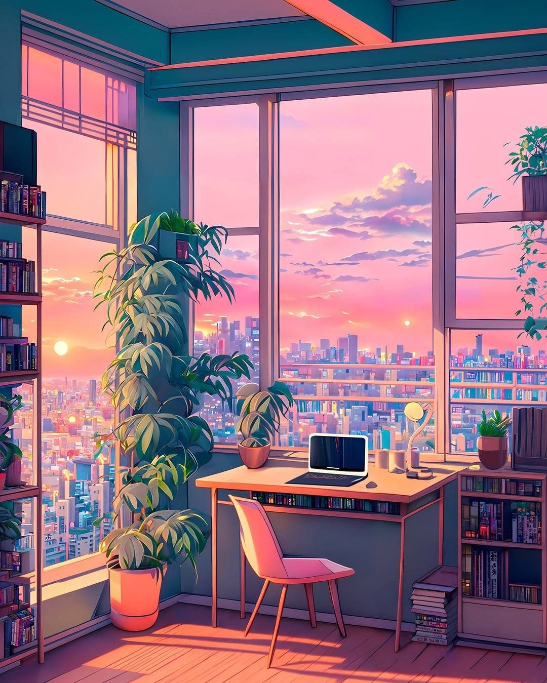 二次元理想中的电脑桌，Ai合成电脑桌卡通窗外风景_3