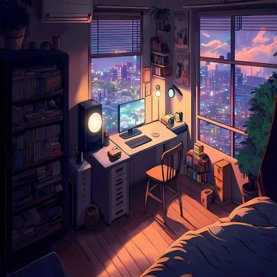 二次元理想中的电脑桌，Ai合成电脑桌卡通窗外风景
