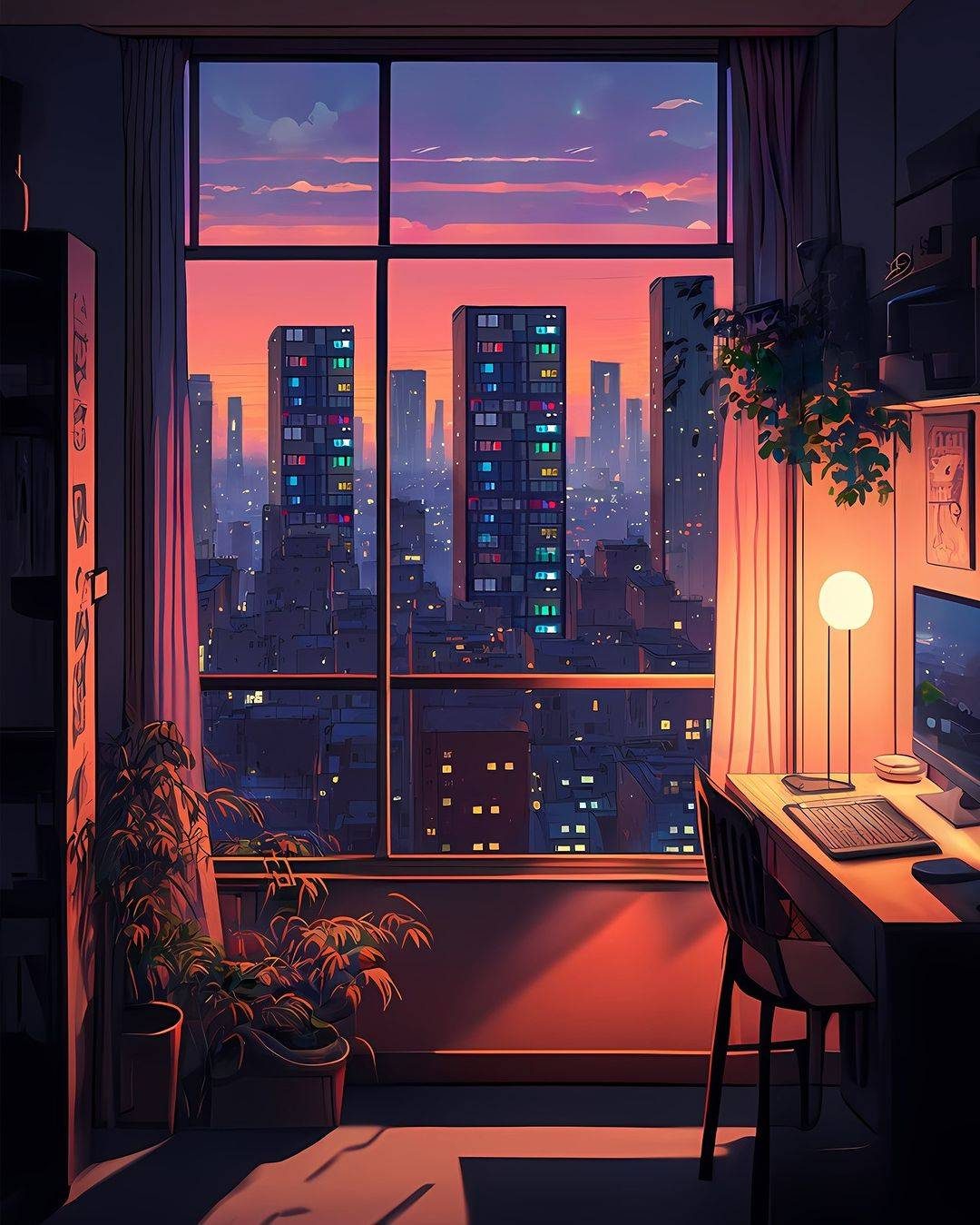 二次元理想中的电脑桌，Ai合成电脑桌卡通窗外风景_4