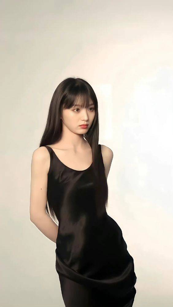 田曦薇连衣裙写真，黑色吊带真丝连衣裙图片美女_4