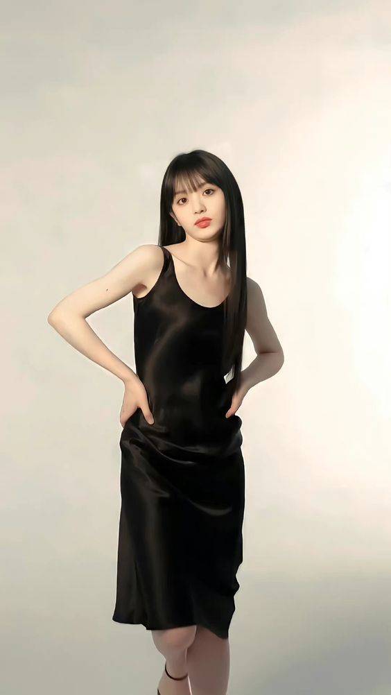 田曦薇连衣裙写真，黑色吊带真丝连衣裙图片美女_2