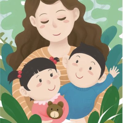 二胎妈妈一个男娃一个女娃母亲节祝福朋友圈卡通配图