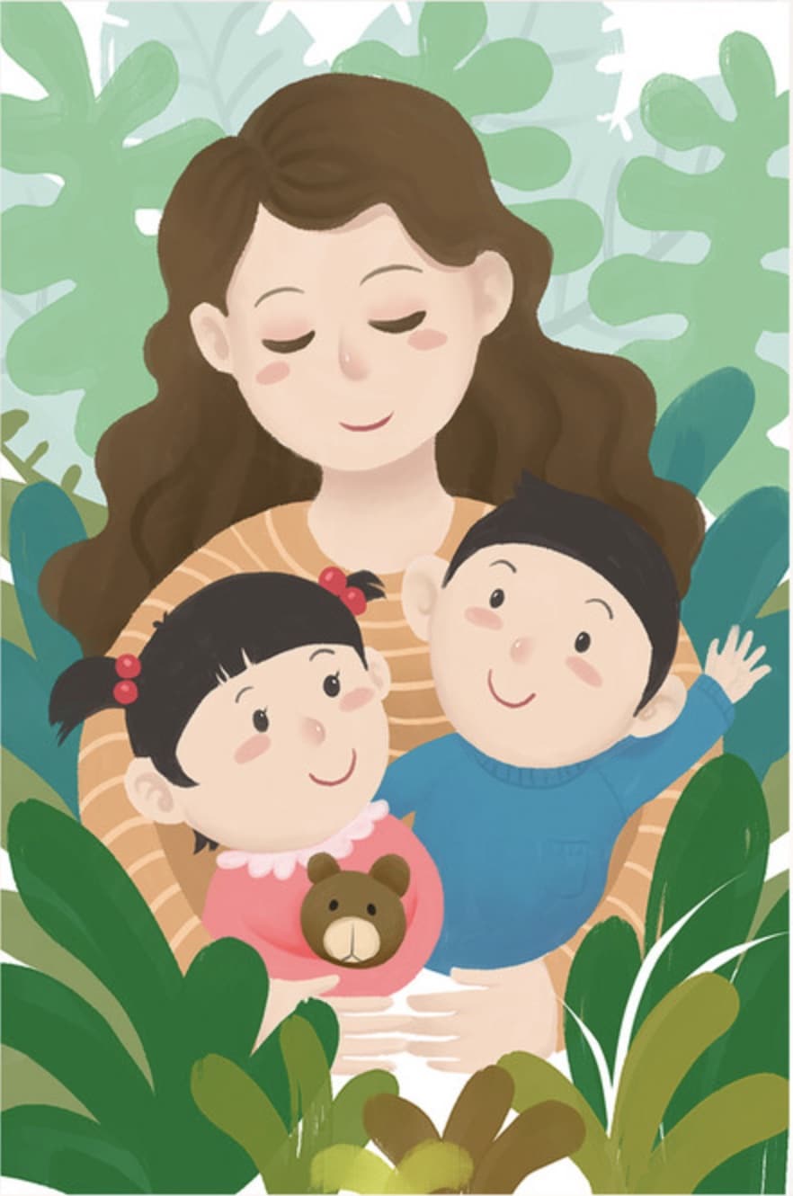 二胎妈妈一个男娃一个女娃母亲节祝福朋友圈卡通配图_1
