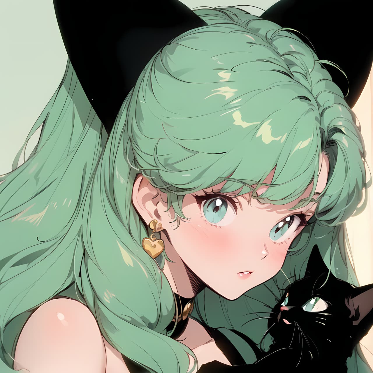 绿头发吸猫少女二次元动漫女生头像，一个女孩和猫的动漫头像_1