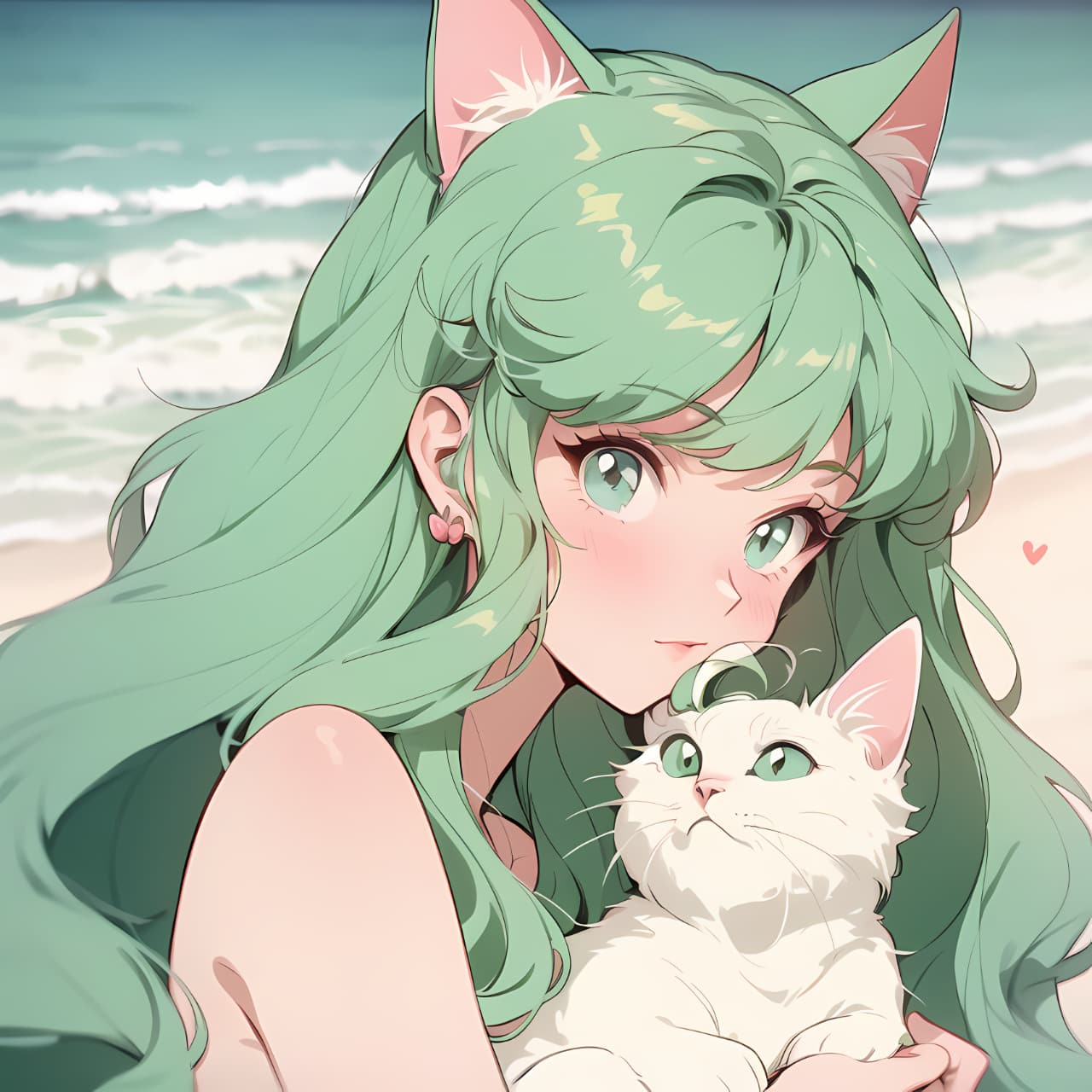 绿头发吸猫少女二次元动漫女生头像，一个女孩和猫的动漫头像_3