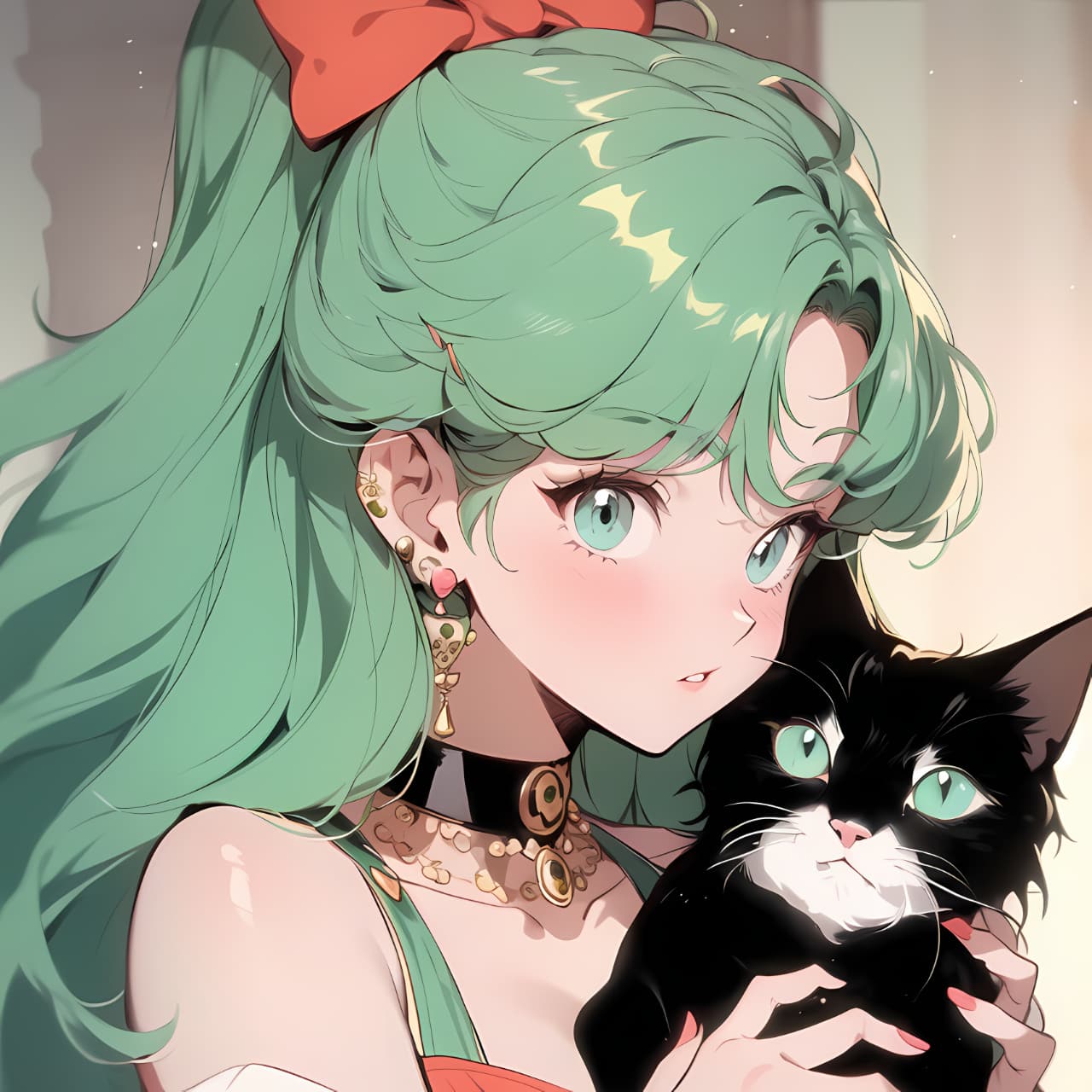 绿头发吸猫少女二次元动漫女生头像，一个女孩和猫的动漫头像_4
