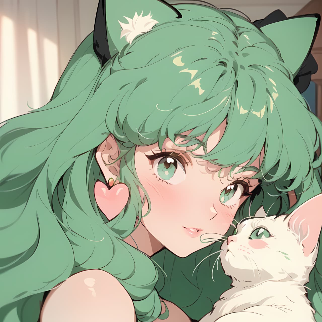 绿头发吸猫少女二次元动漫女生头像，一个女孩和猫的动漫头像_5