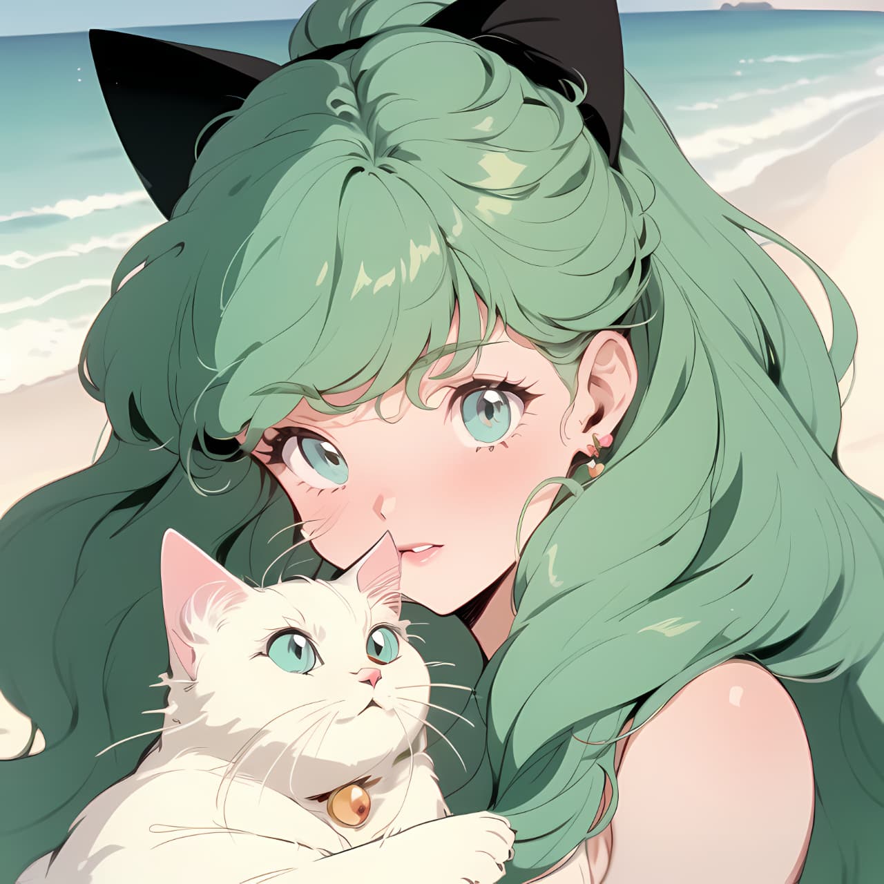 绿头发吸猫少女二次元动漫女生头像，一个女孩和猫的动漫头像_6