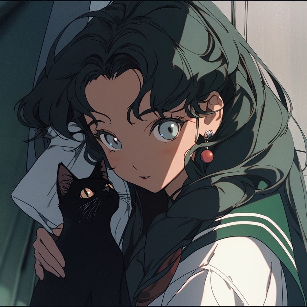 绿头发吸猫少女二次元动漫女生头像，一个女孩和猫的动漫头像_7