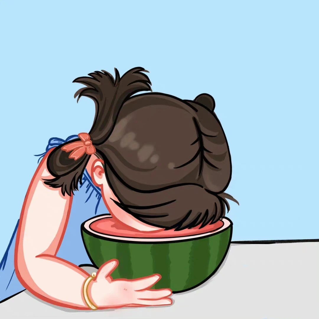小男孩小女孩埋头吃西瓜的情头图片_7