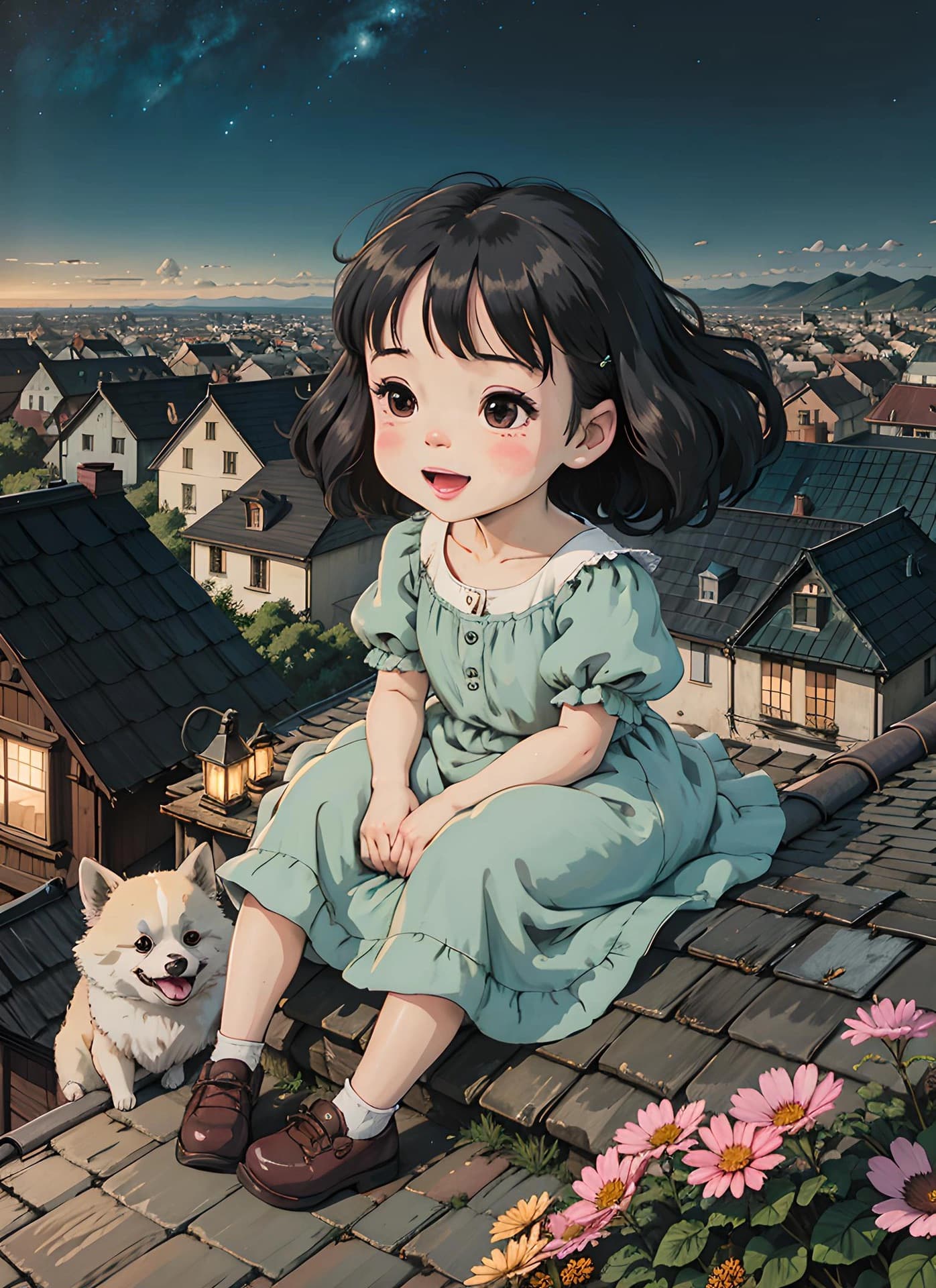 女孩坐在屋顶上春日二次元治愈系插画_1