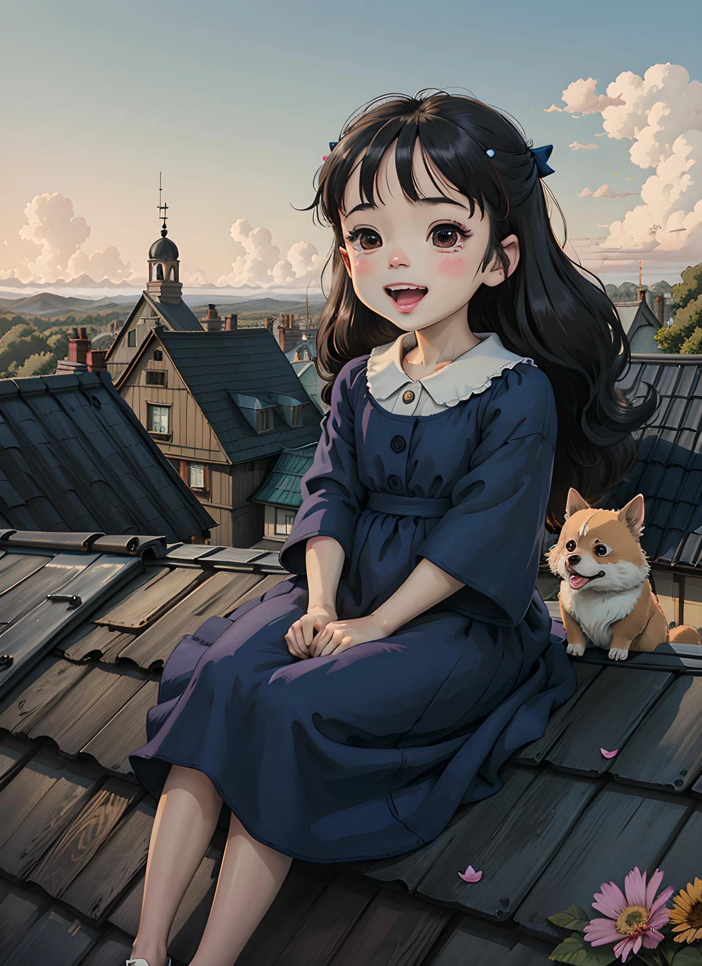 女孩坐在屋顶上春日二次元治愈系插画_2