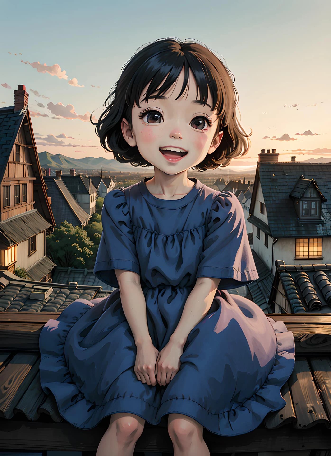女孩坐在屋顶上春日二次元治愈系插画_3