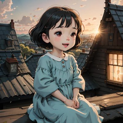 女孩坐在屋顶上春日二次元治愈系插画