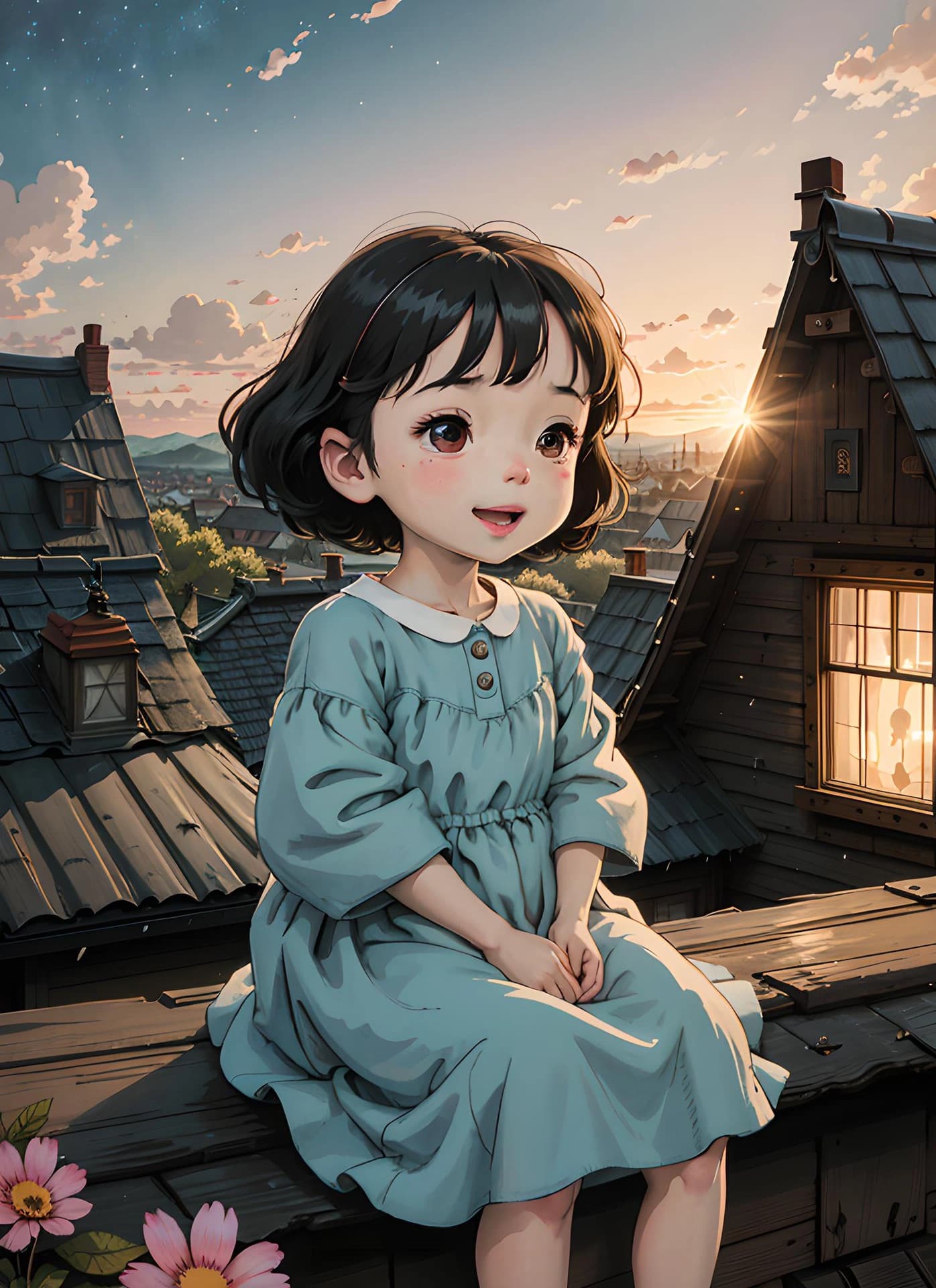 女孩坐在屋顶上春日二次元治愈系插画_4