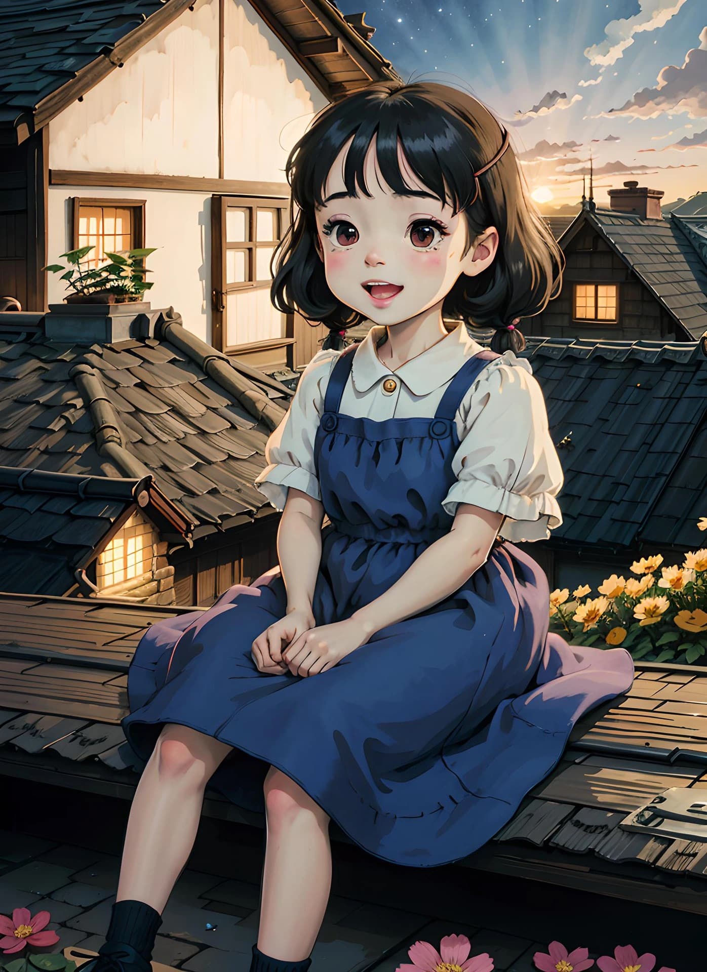 女孩坐在屋顶上春日二次元治愈系插画_5