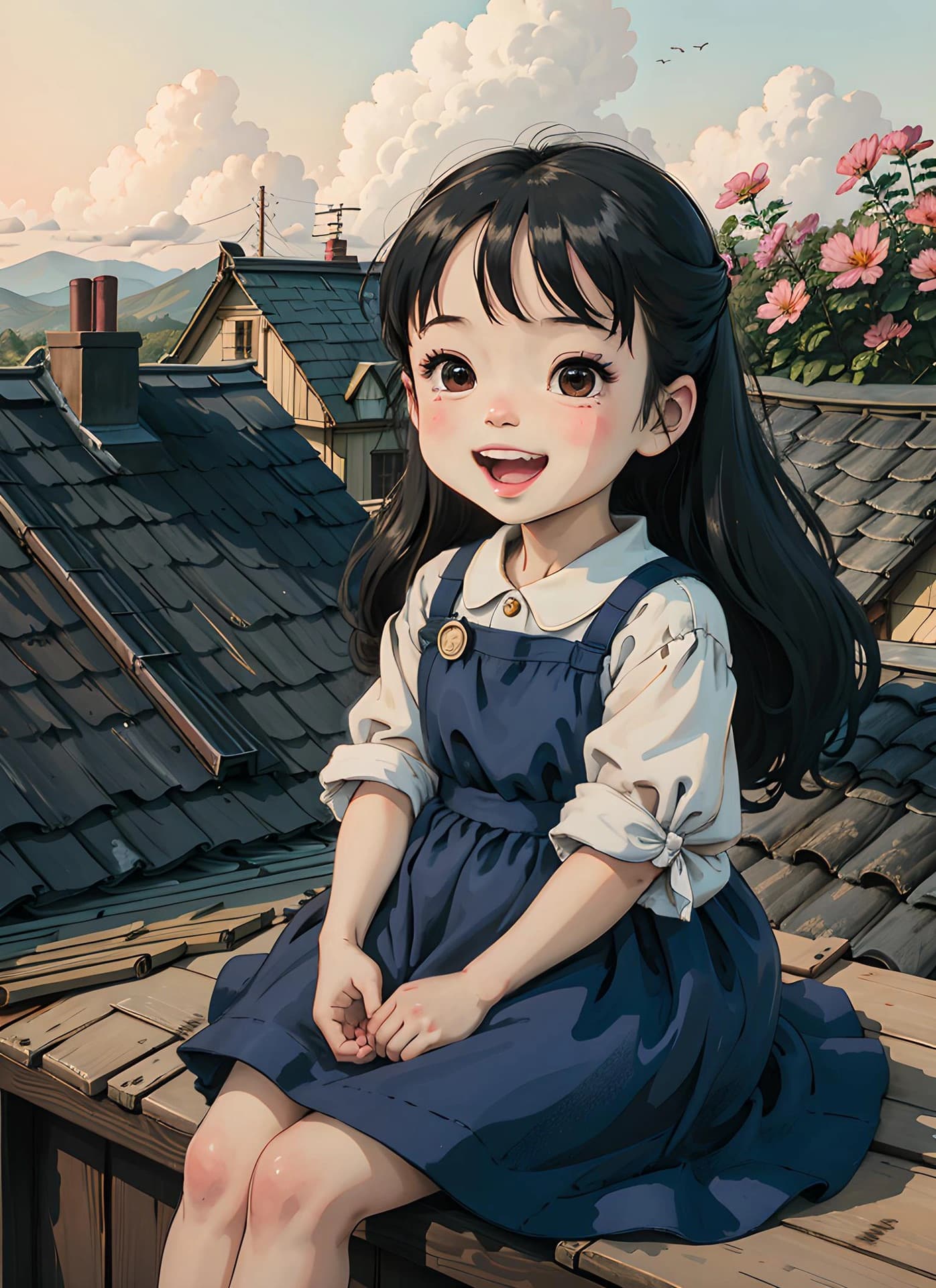 女孩坐在屋顶上春日二次元治愈系插画_6