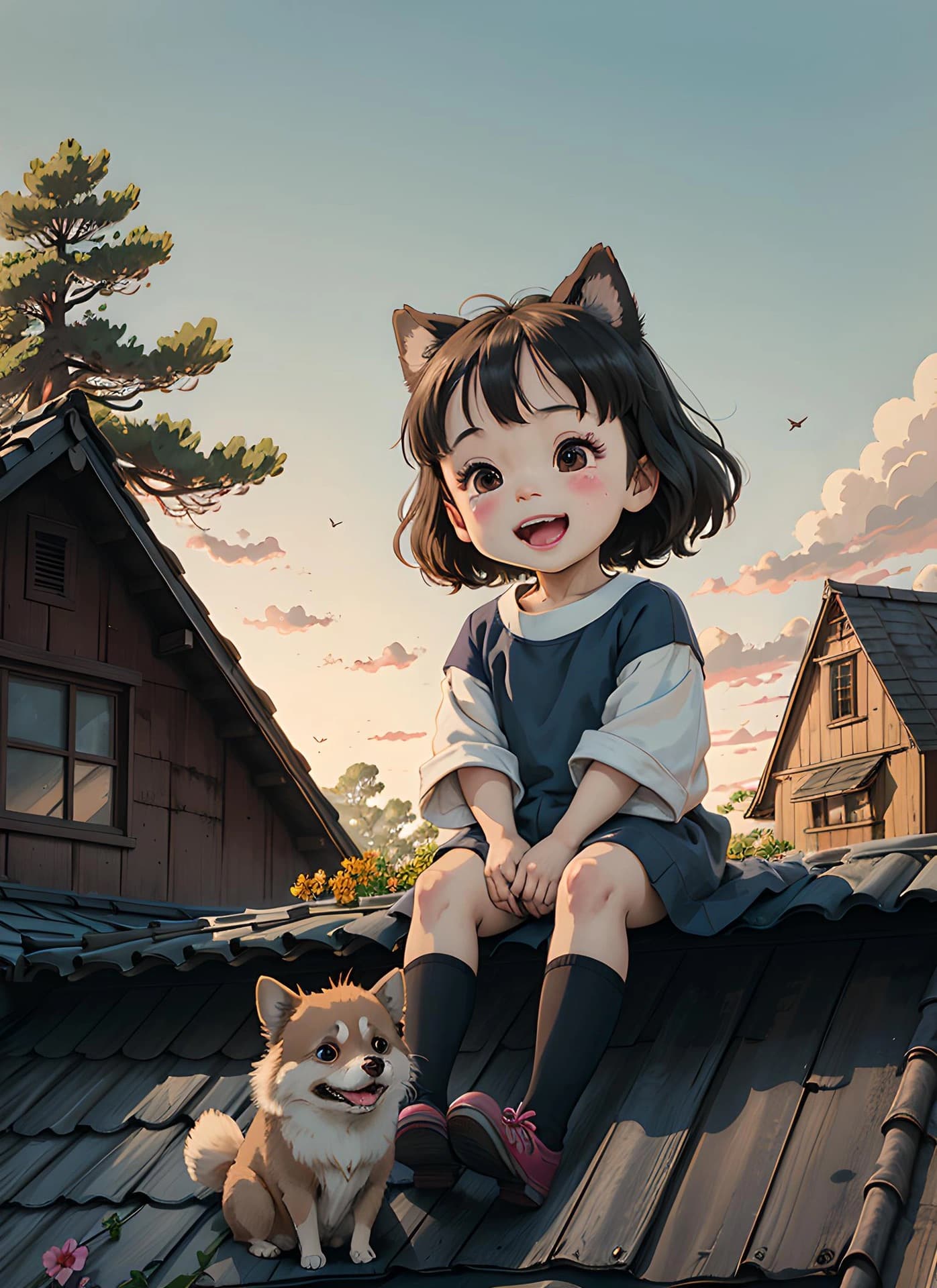 女孩坐在屋顶上春日二次元治愈系插画_7