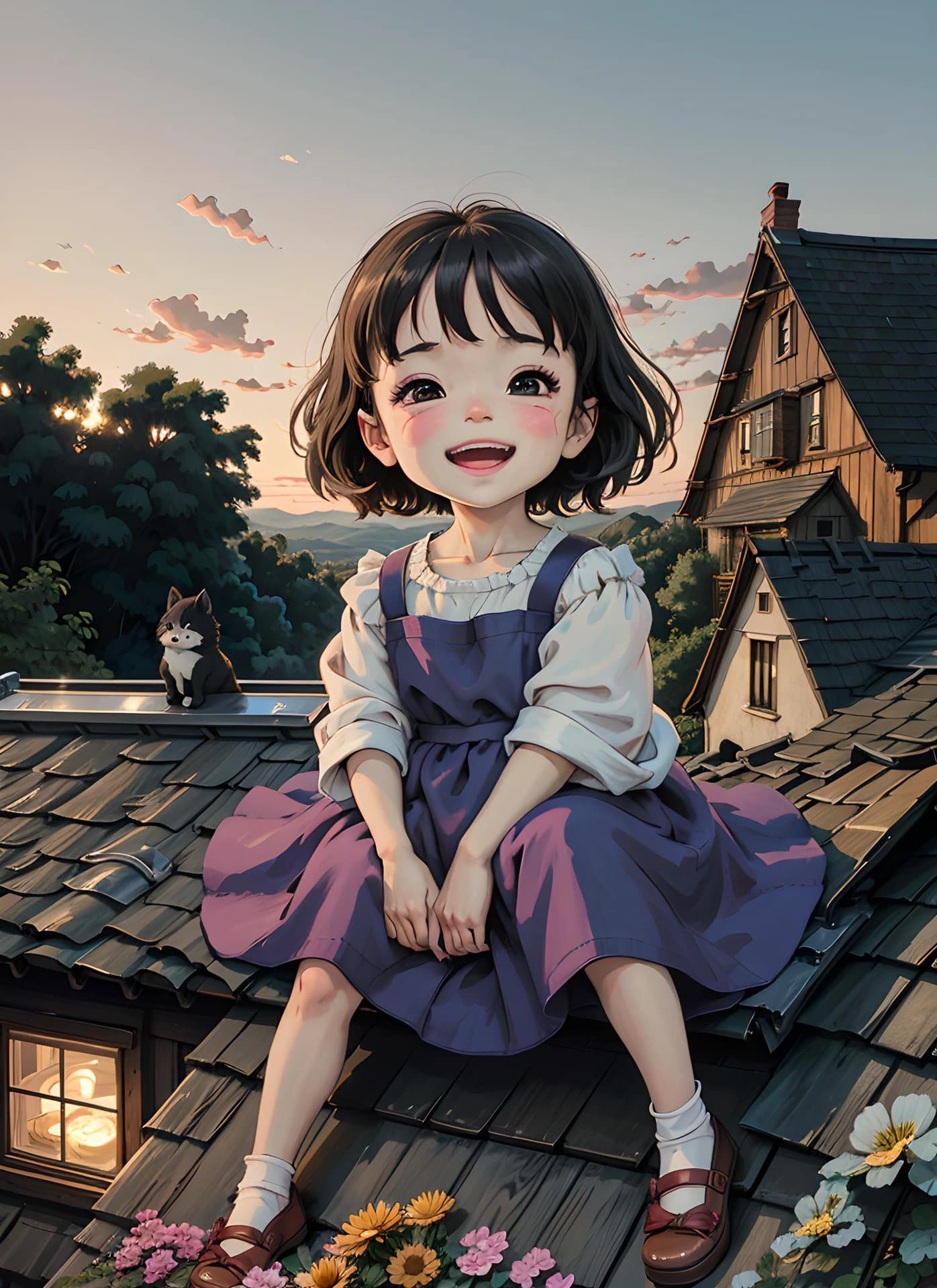 女孩坐在屋顶上春日二次元治愈系插画_8