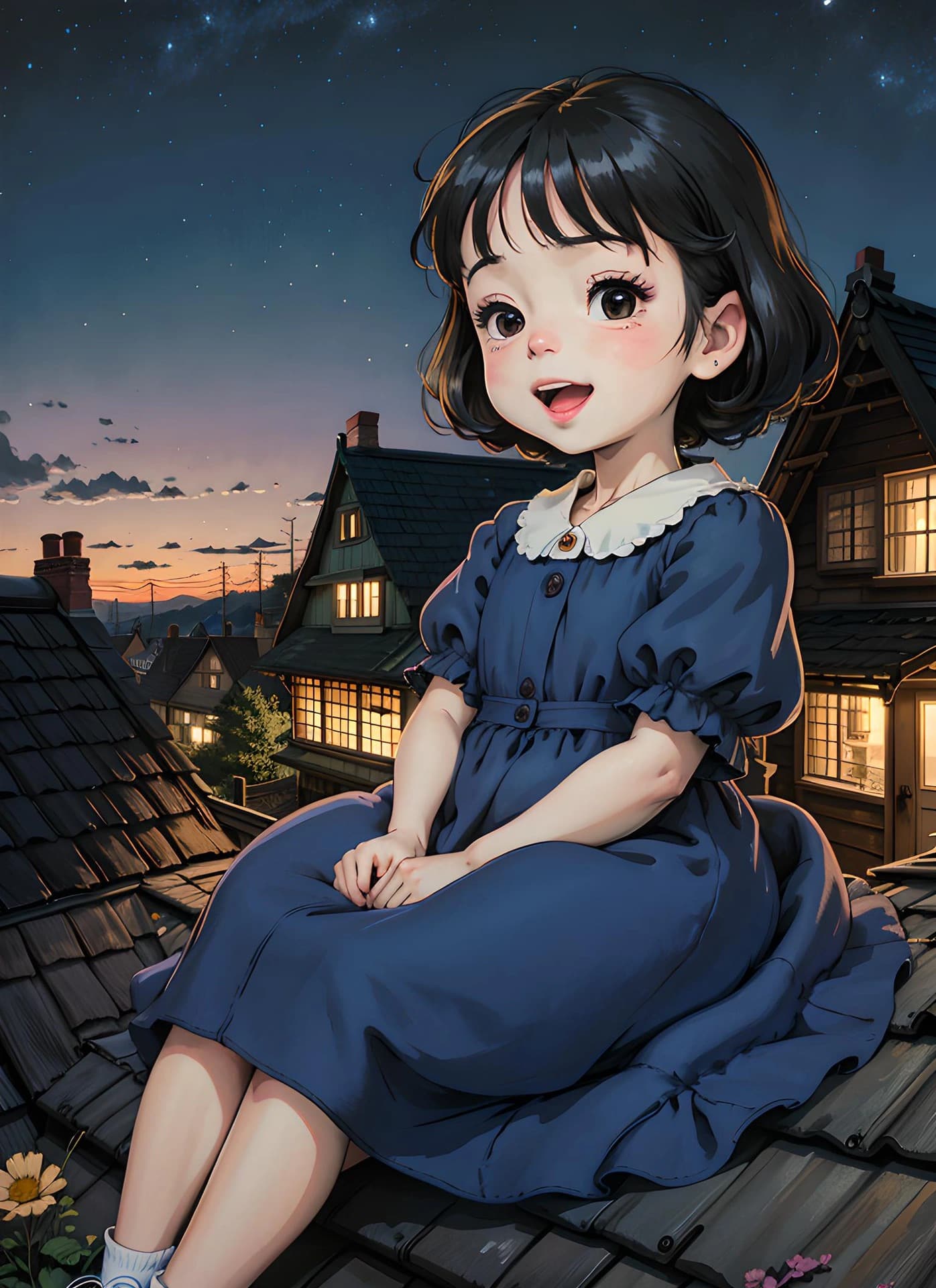 女孩坐在屋顶上春日二次元治愈系插画_9