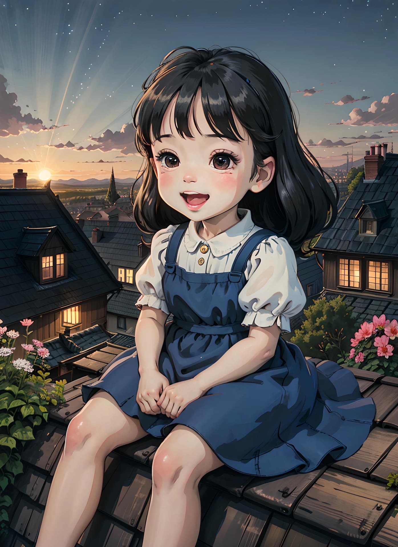 女孩坐在屋顶上春日二次元治愈系插画_11