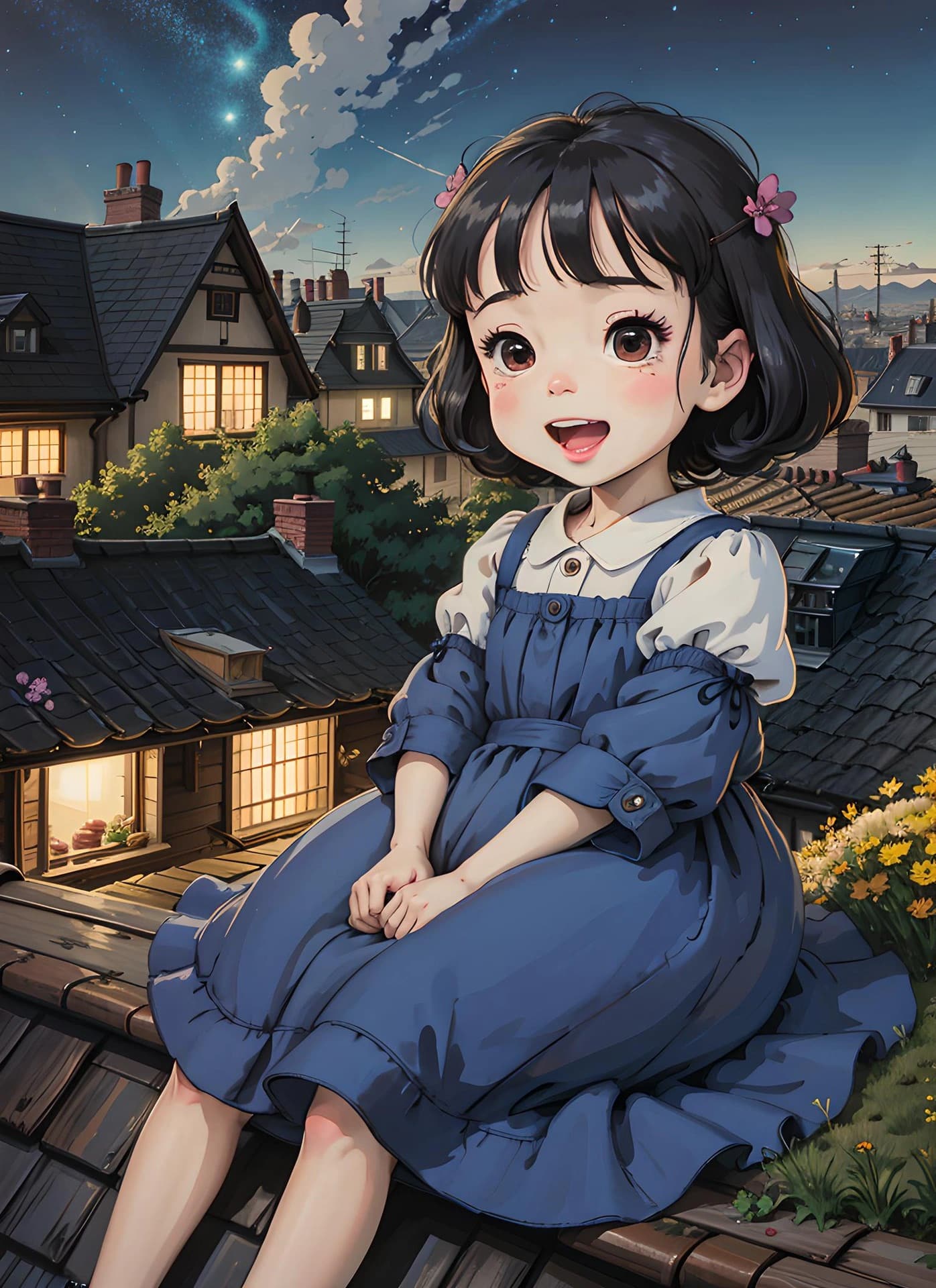 女孩坐在屋顶上春日二次元治愈系插画_12