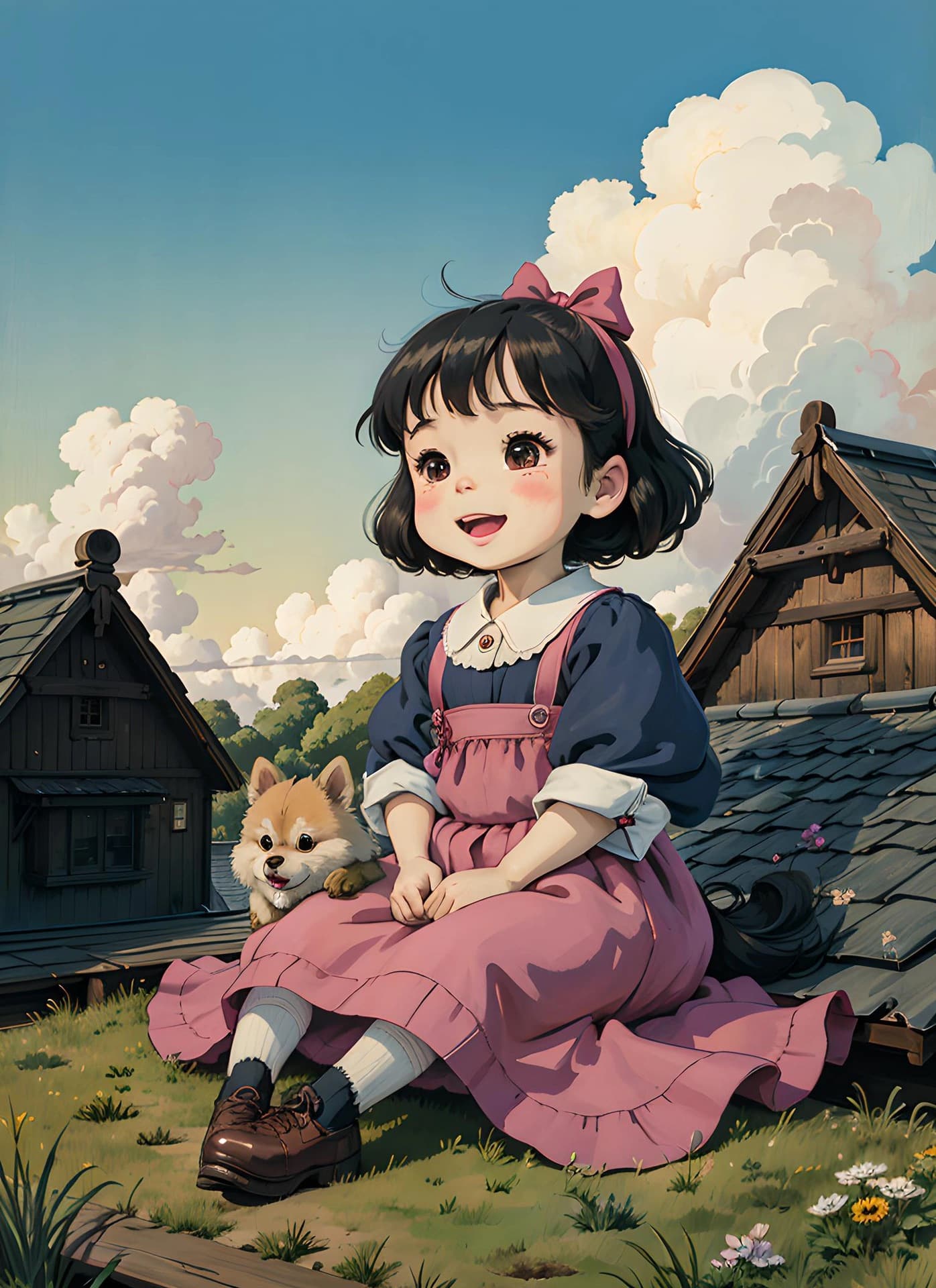 女孩坐在屋顶上春日二次元治愈系插画_13