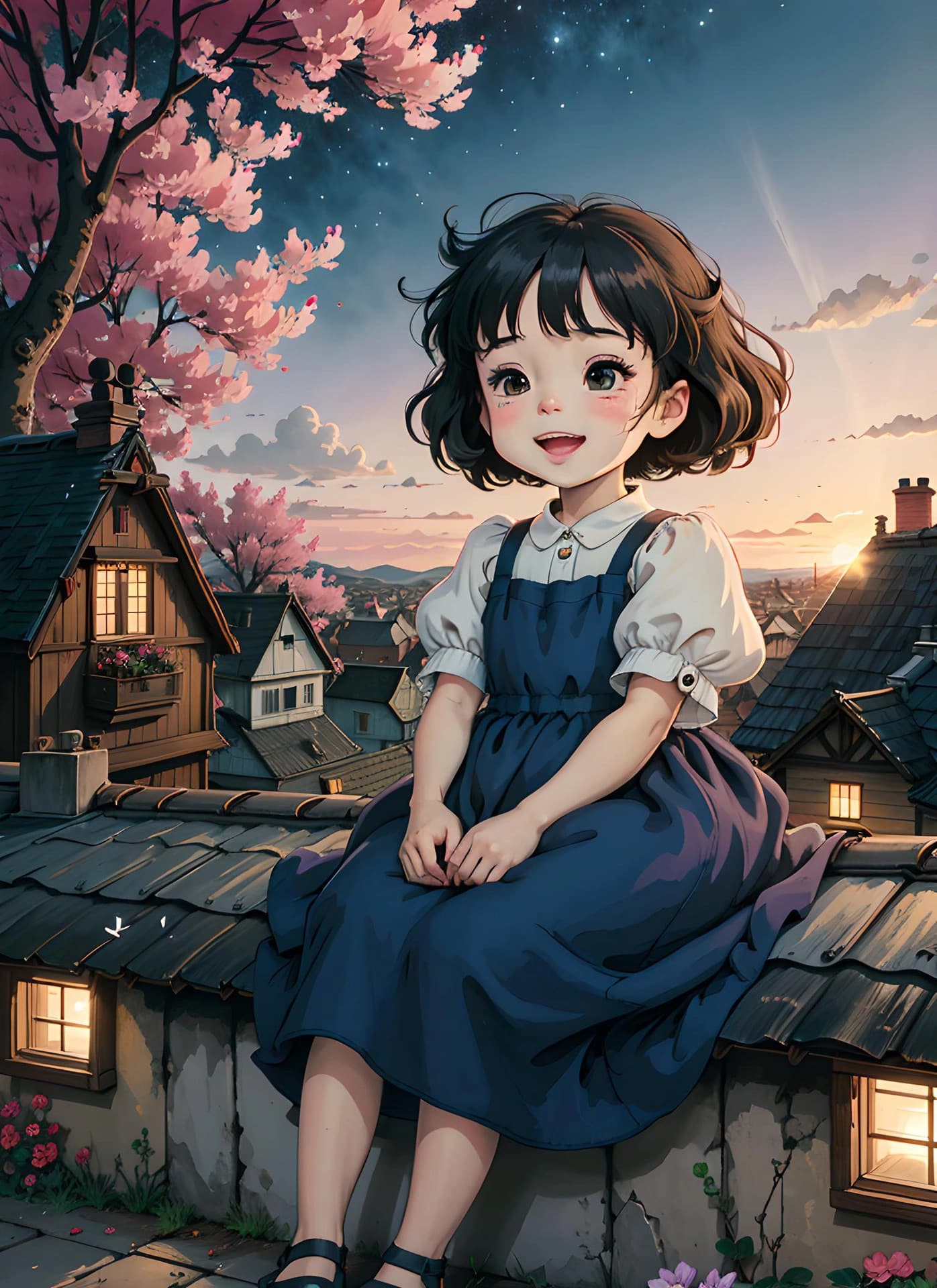 女孩坐在屋顶上春日二次元治愈系插画_14