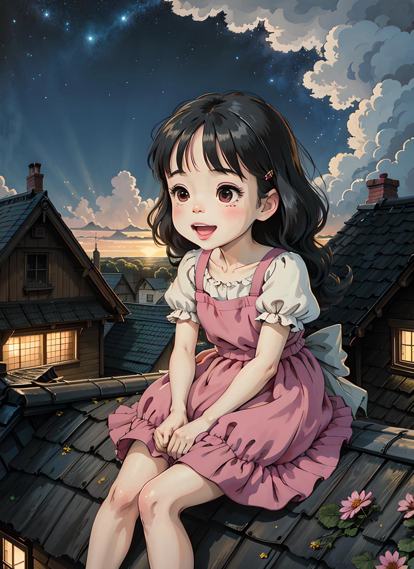 女孩坐在屋顶上春日二次元治愈系插画_15