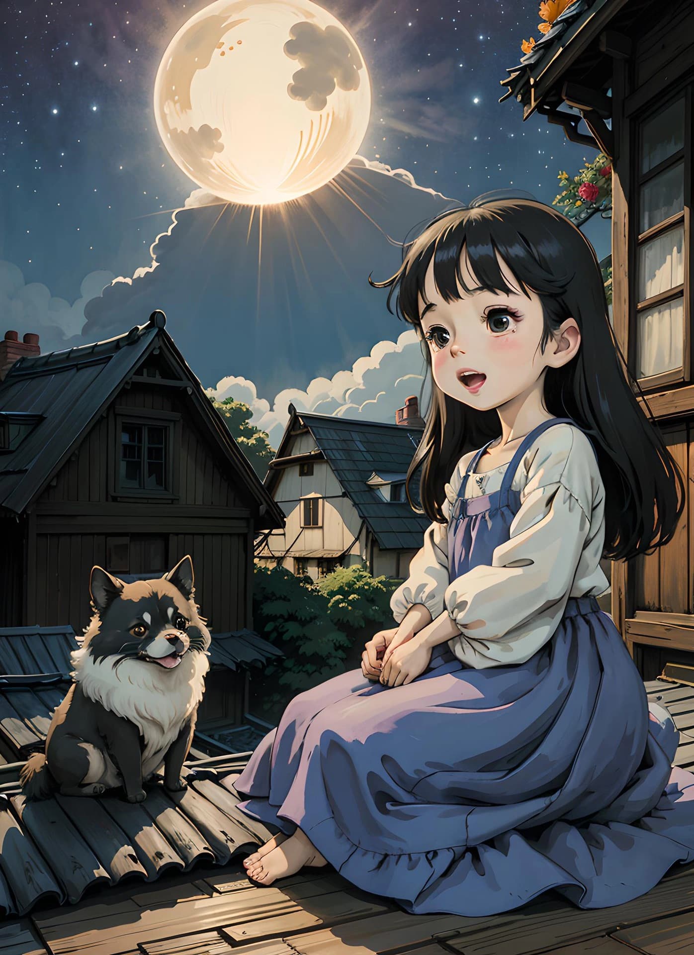 女孩坐在屋顶上春日二次元治愈系插画_16