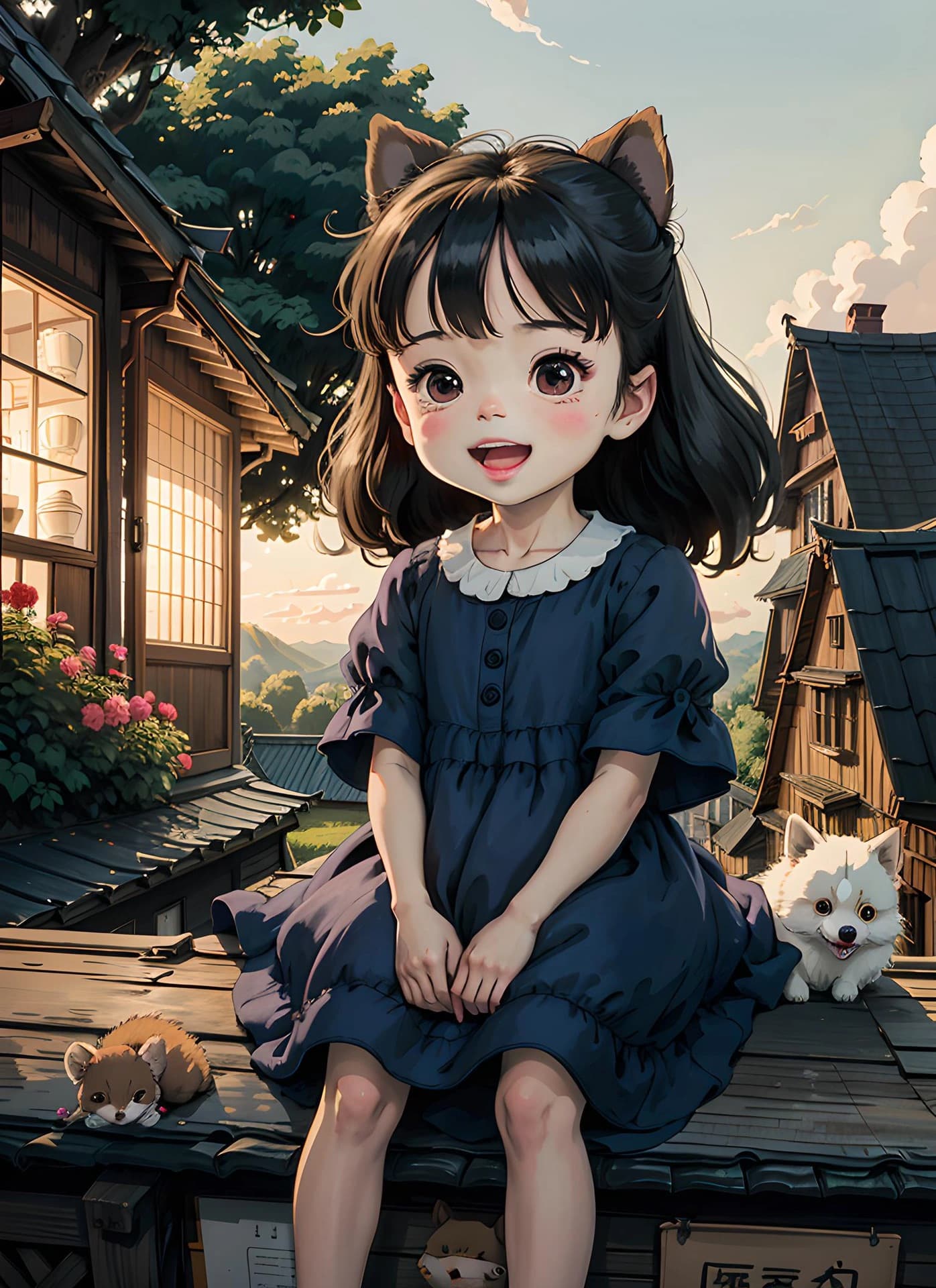 女孩坐在屋顶上春日二次元治愈系插画_17