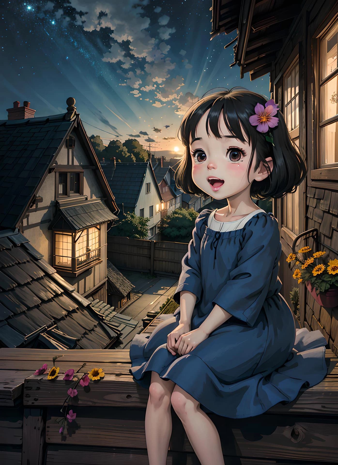 女孩坐在屋顶上春日二次元治愈系插画_18