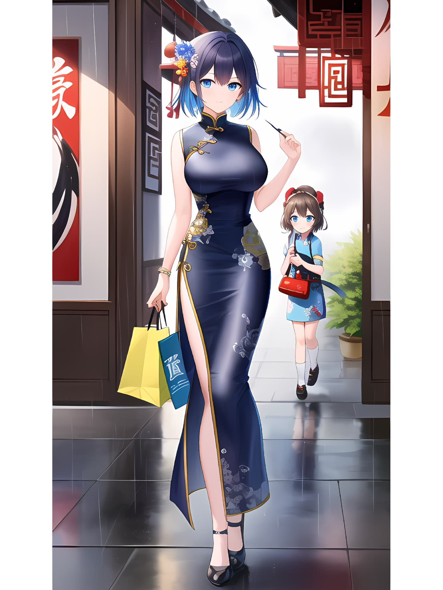 AI绘制二次元萌宝辣妈 大胸辣妈穿旗袍带娃_1