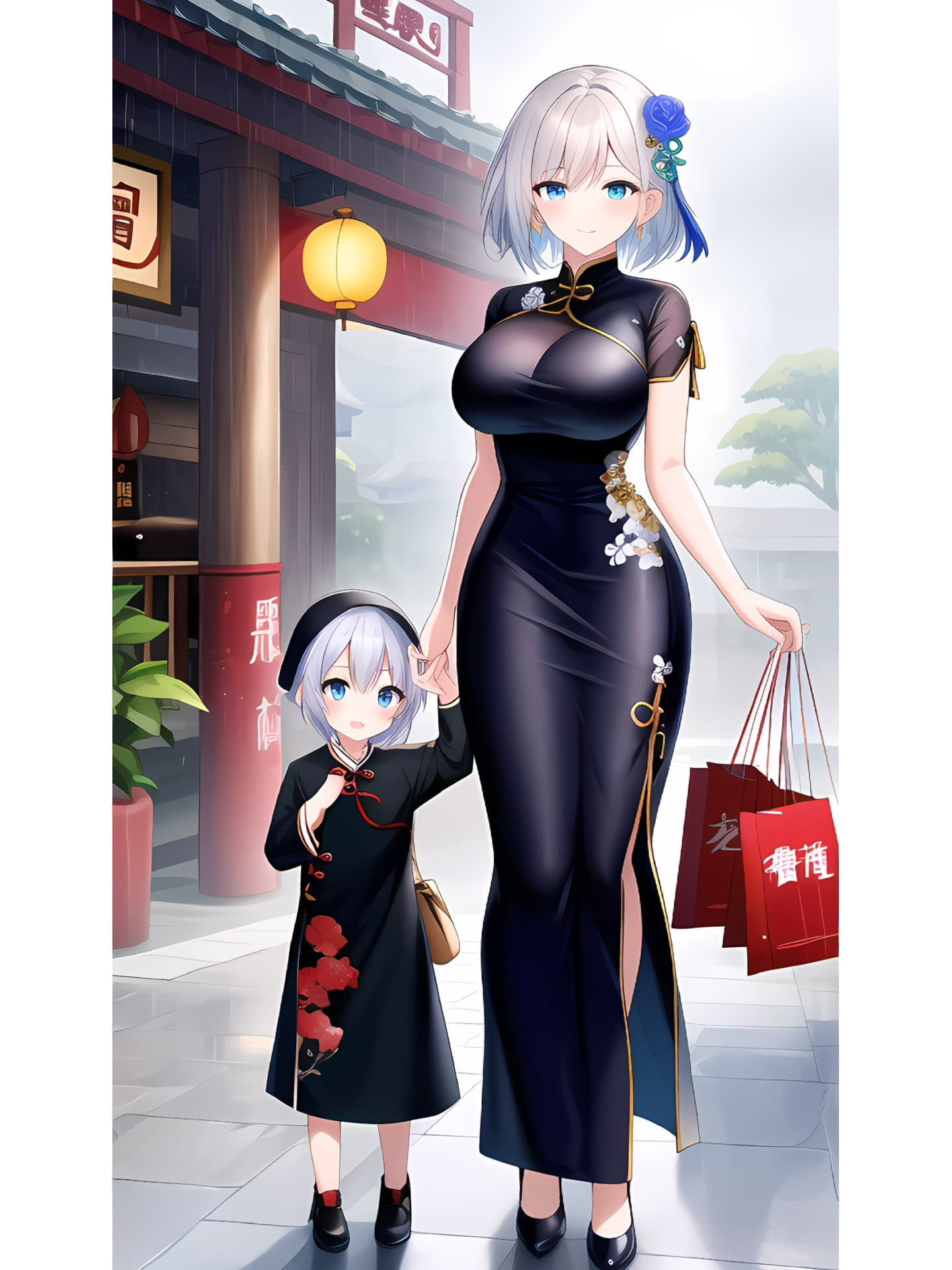 AI绘制二次元萌宝辣妈 大胸辣妈穿旗袍带娃_2