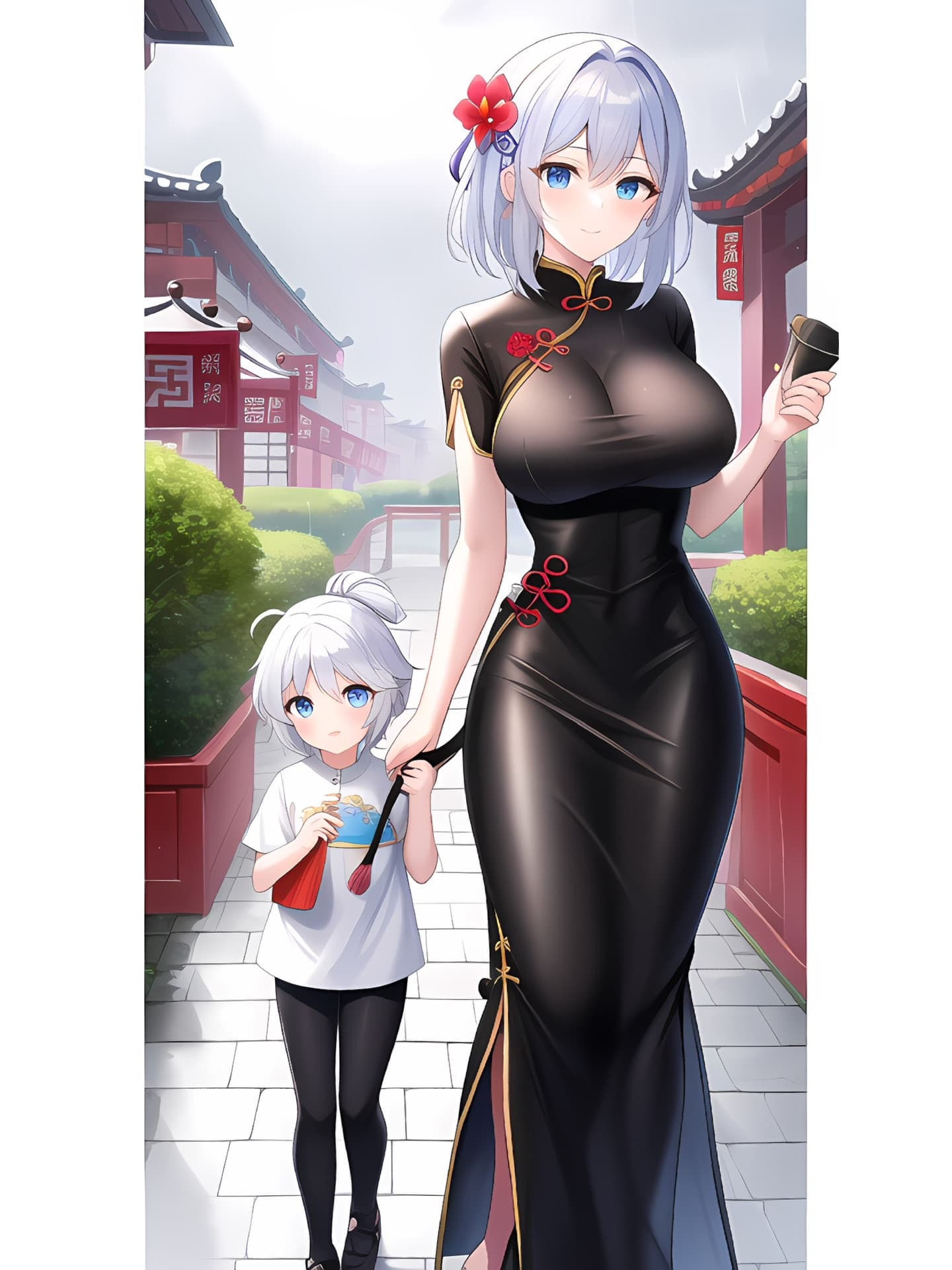 AI绘制二次元萌宝辣妈 大胸辣妈穿旗袍带娃_4
