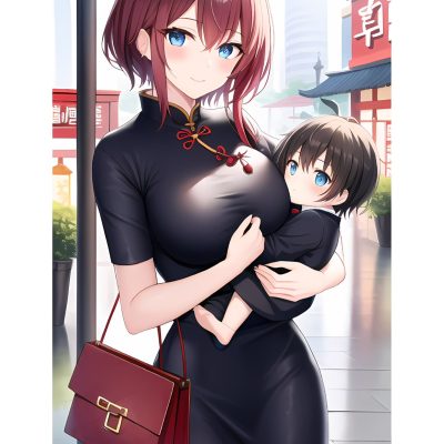 AI绘制二次元萌宝辣妈 大胸辣妈穿旗袍带娃