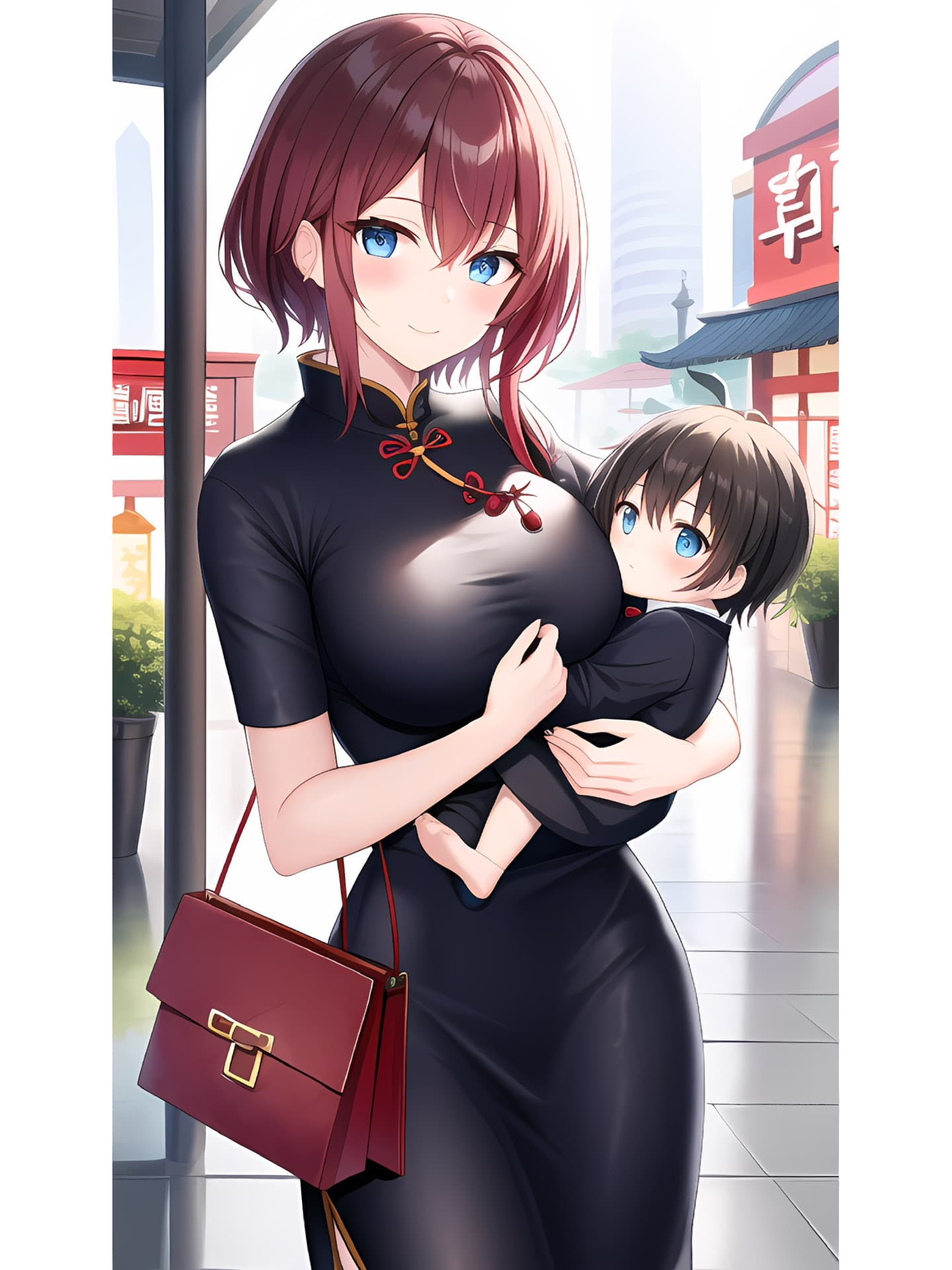 AI绘制二次元萌宝辣妈 大胸辣妈穿旗袍带娃_5