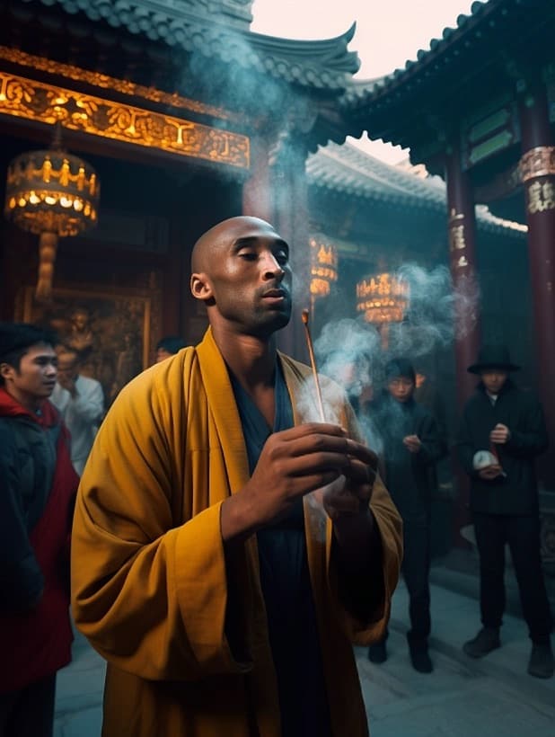 Ai复活科比在中国少林寺当扫地僧，Midijourney Ai绘画_2