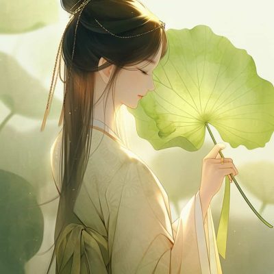 AI绘画古风绿衣长发采莲少女动漫头像