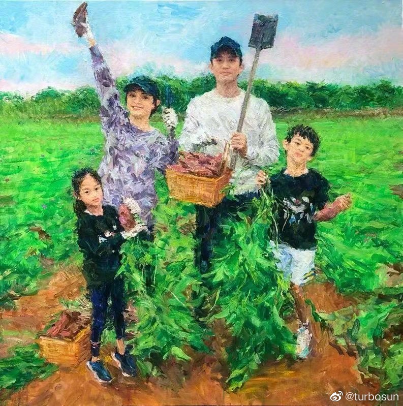 孙俪邓超儿女一家油画图 孙俪邓超结婚12年纪念日_1