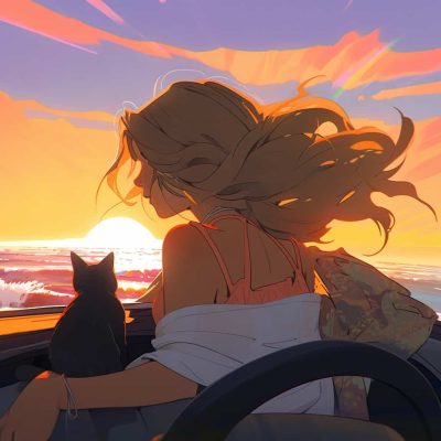男孩女孩和猫动漫情侣头像 人和宠物Ai绘画头像