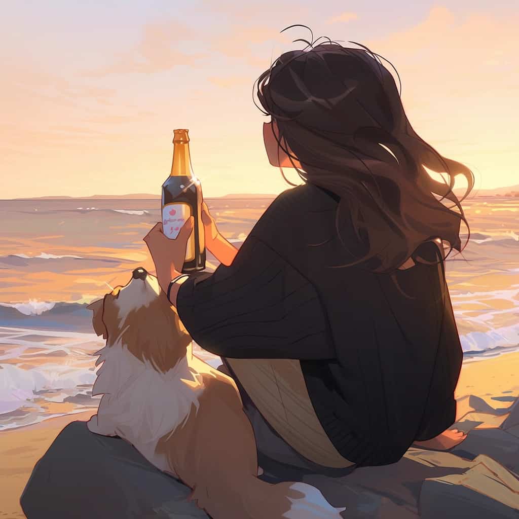 海边一人一狗一瓶酒男女背影情侣头像 AI绘画_1