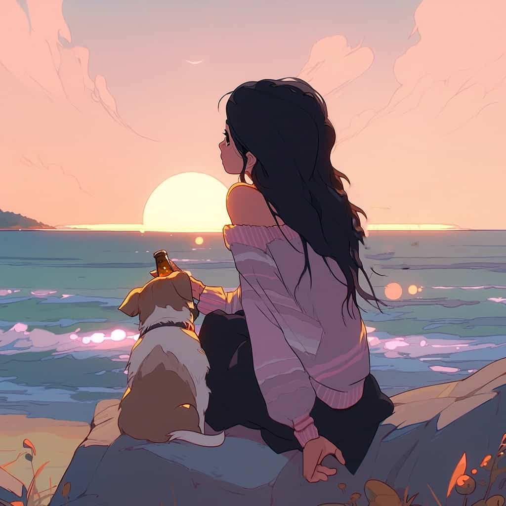 海边一人一狗一瓶酒男女背影情侣头像 AI绘画_3